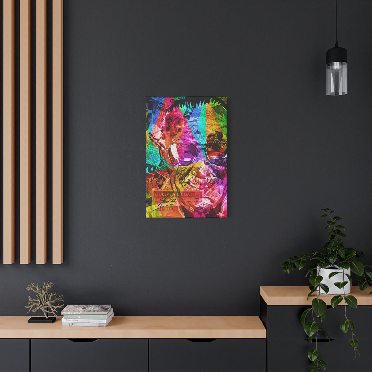 The Man the Myth the Legend medium canvas on a charcoal wall by wood slats, neon-banded collage portrait