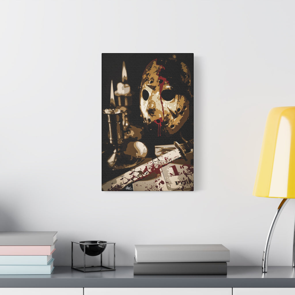 Off the Clock large canvas beside a yellow desk lamp, bloodied hockey mask beside lit candles and a machete