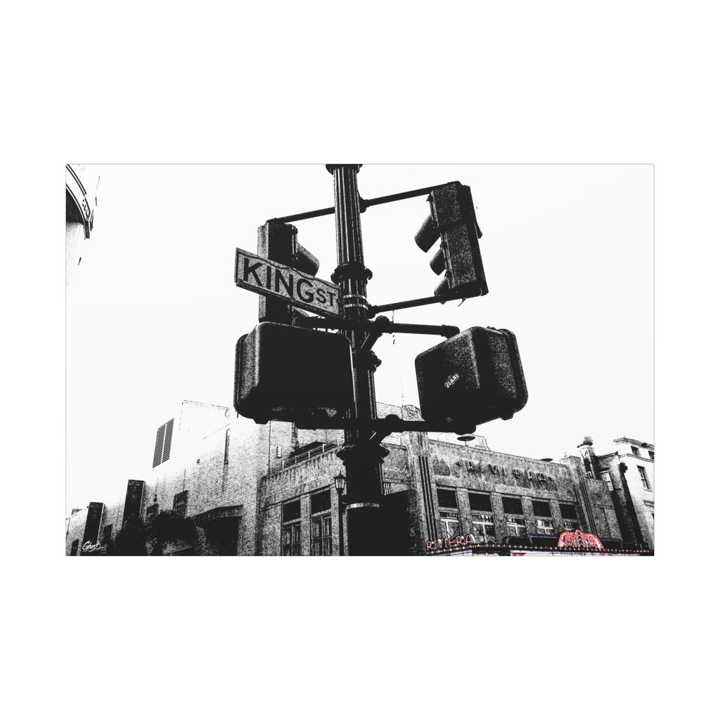 King St canvas, angled view of the gallery-wrapped edge: King Street sign and traffic lights in vintage black and white