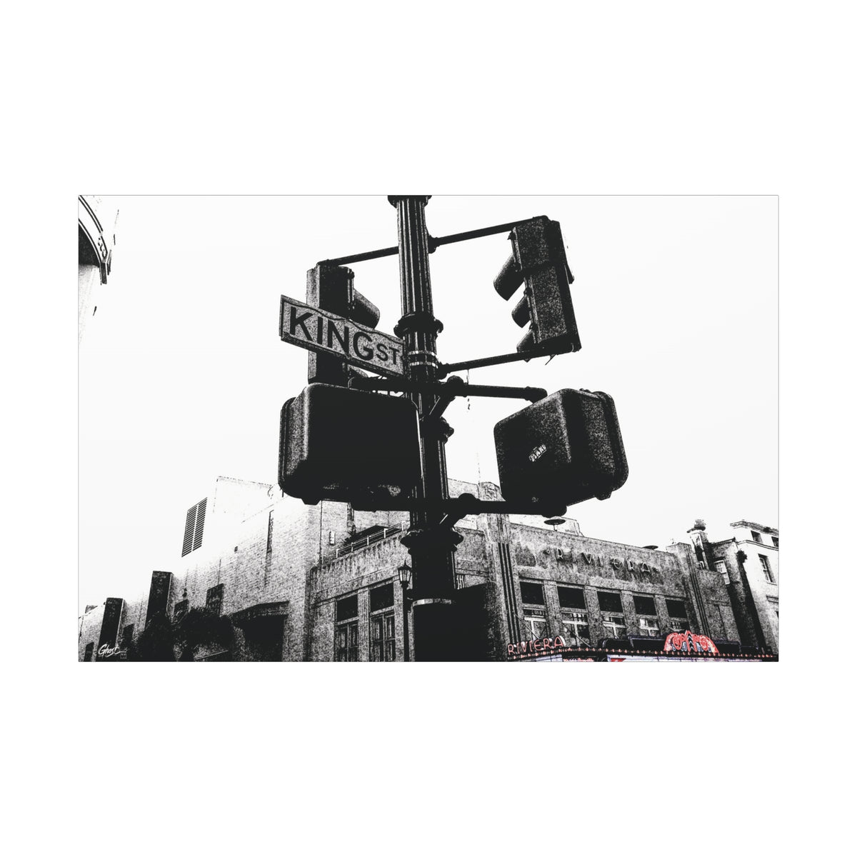 King St canvas, angled view of the gallery-wrapped edge: King Street sign and traffic lights in vintage black and white