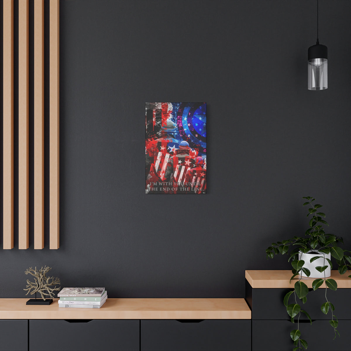 9/11 Never Forget small canvas on a charcoal wall over an oak shelf, patriotic tribute in red, white, blue and smoke gray