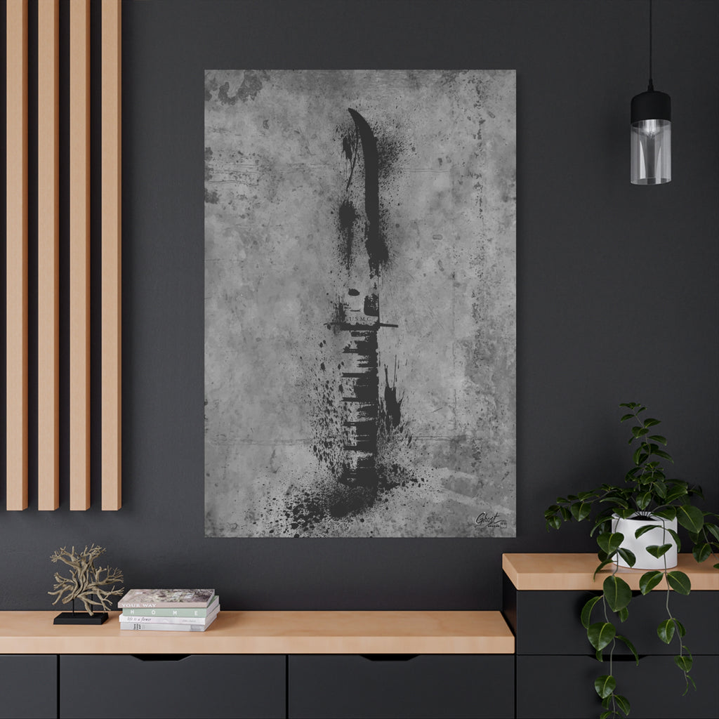 Marines BFF oversized canvas on a charcoal wall over an oak shelf, clip-point knife silhouette in gritty black and gray