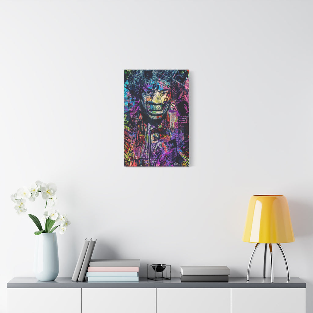 Purple Voodoo medium canvas over a console with white flowers, haloed face in a blue, purple and pink newspaper collage