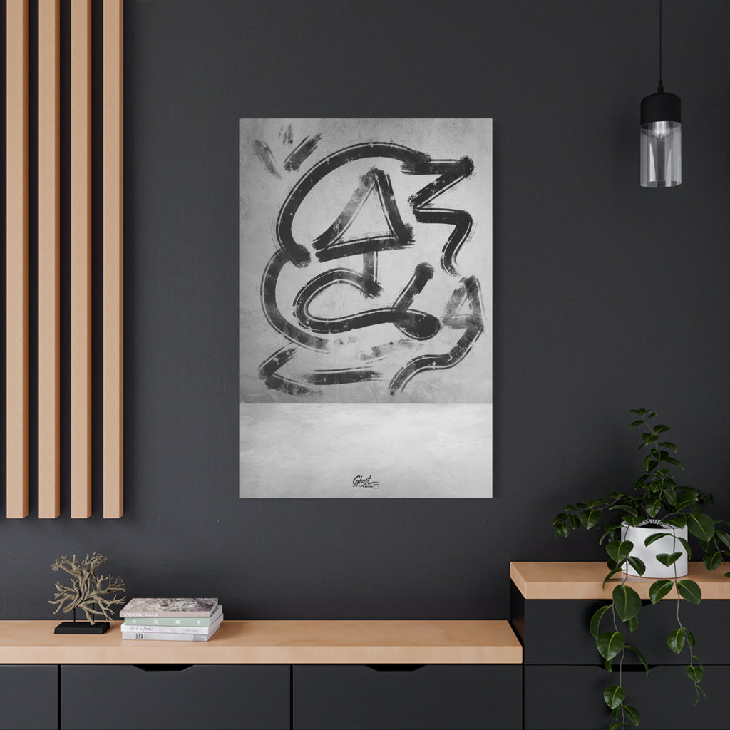 All Nature large canvas on a charcoal wall over an oak shelf, energetic black-and-white abstract strokes