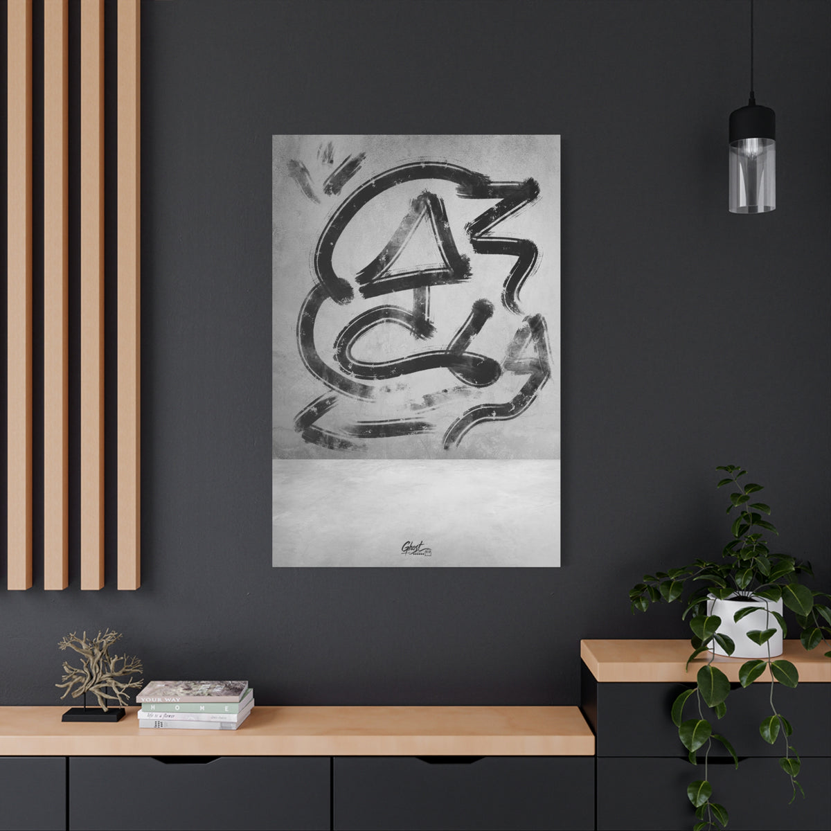 All Nature large canvas on a charcoal wall over an oak shelf, energetic black-and-white abstract strokes