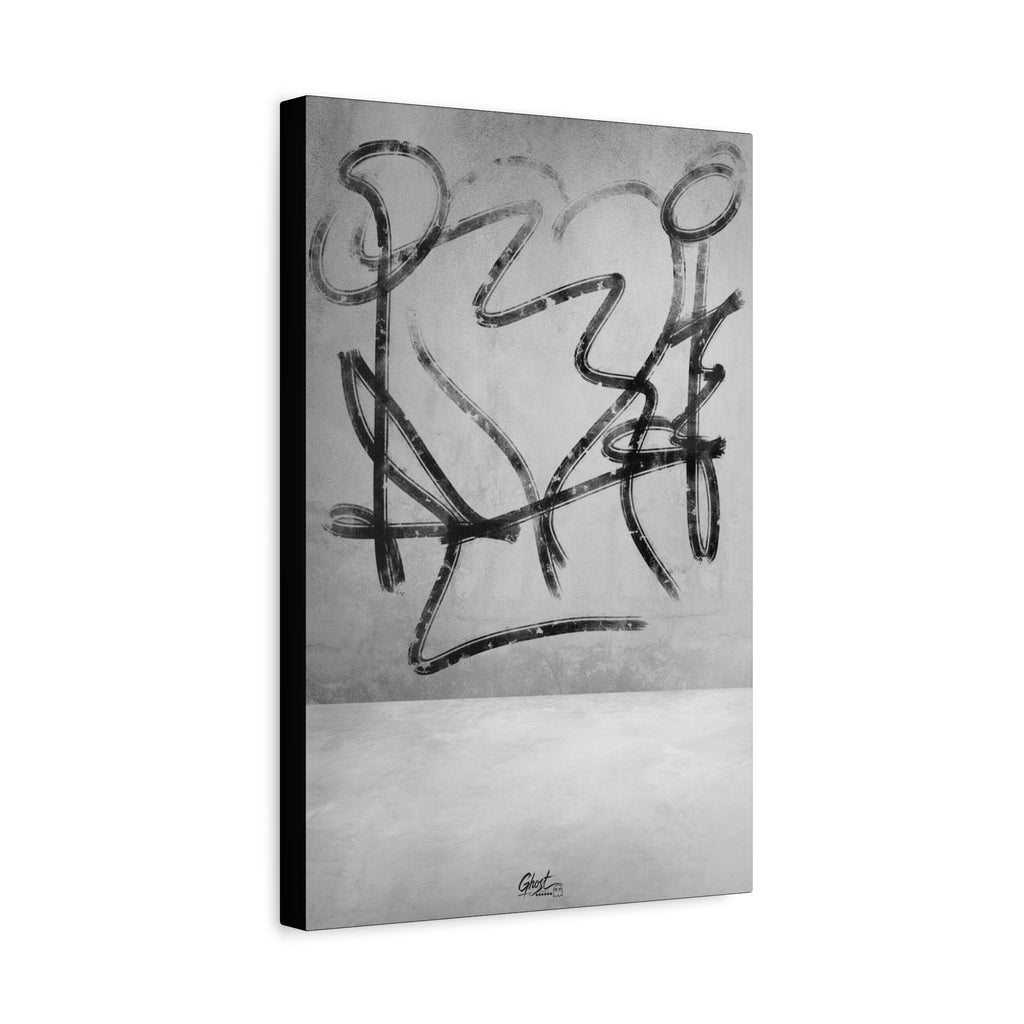 Heartbreak canvas, angled view of the gallery-wrapped edge: broad black charcoal-style strokes over a pale textured ground