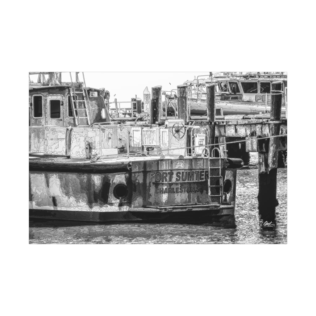 Fort Sumter Original canvas print, front view: black-and-white, pen-drawn Fort Sumter tour boat at the dock, Charleston SC