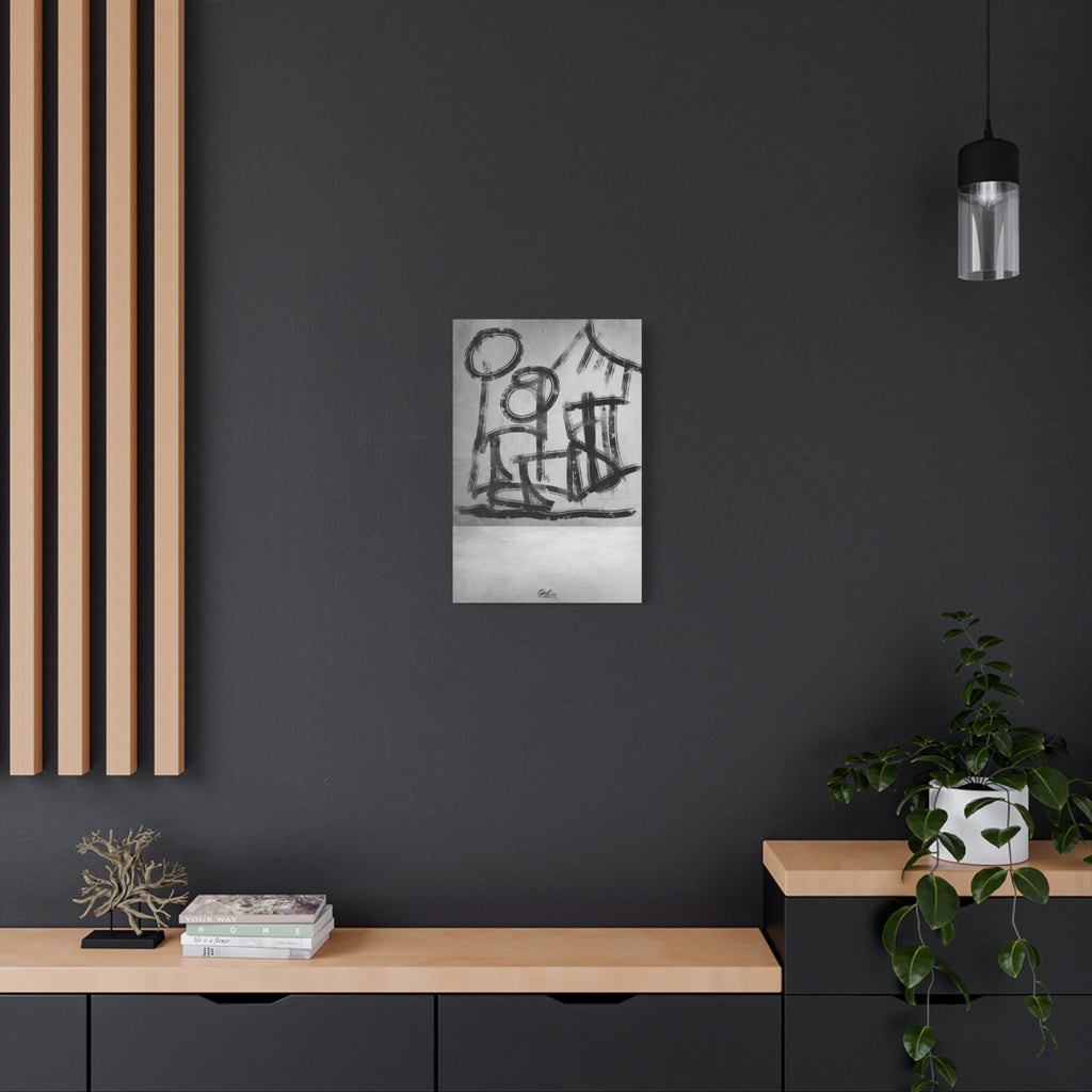 The Question medium canvas on a charcoal wall by wood slats, sketchbook-style black-and-white abstract