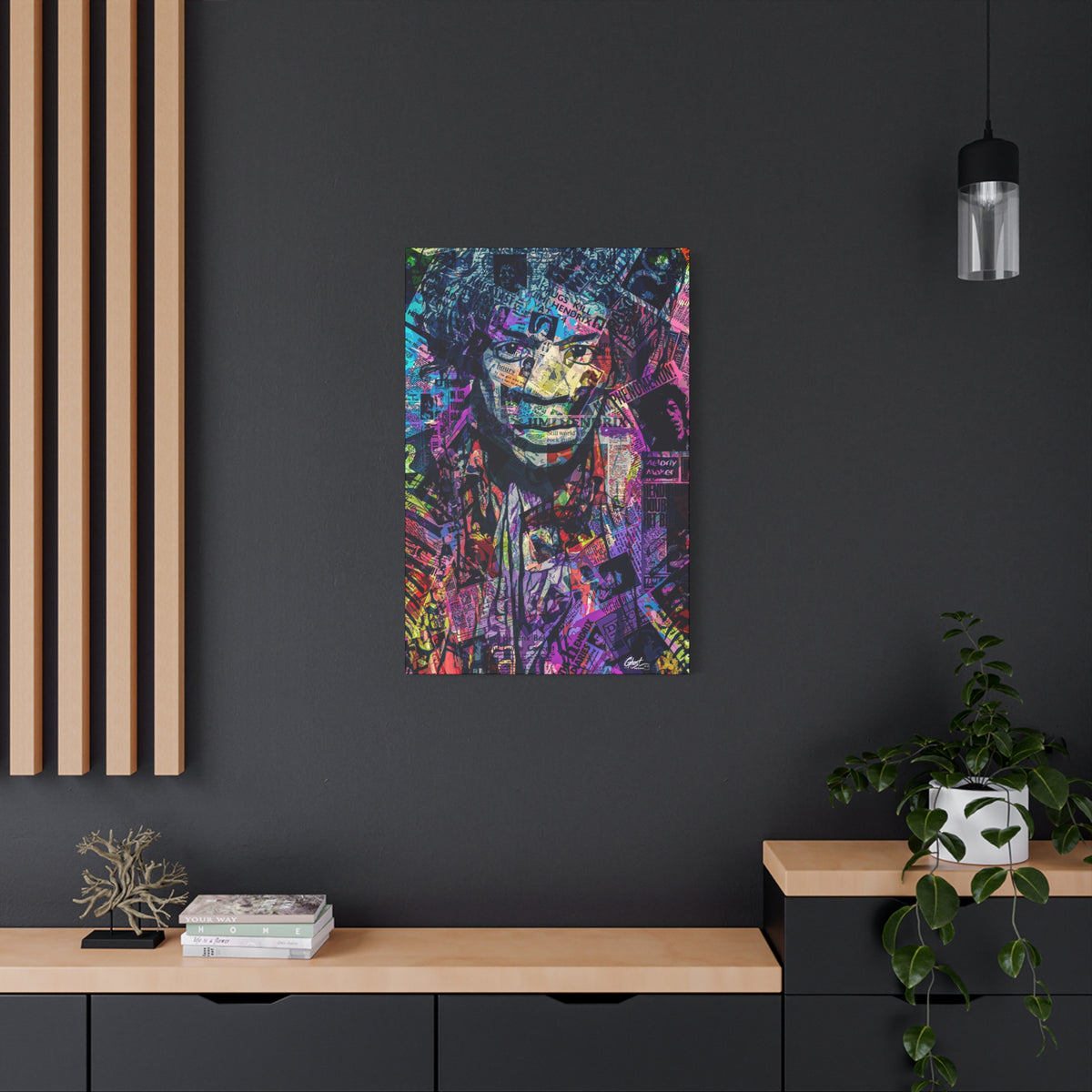 Purple Voodoo large canvas on a charcoal wall over an oak shelf, haloed face in a blue, purple and pink newspaper collage