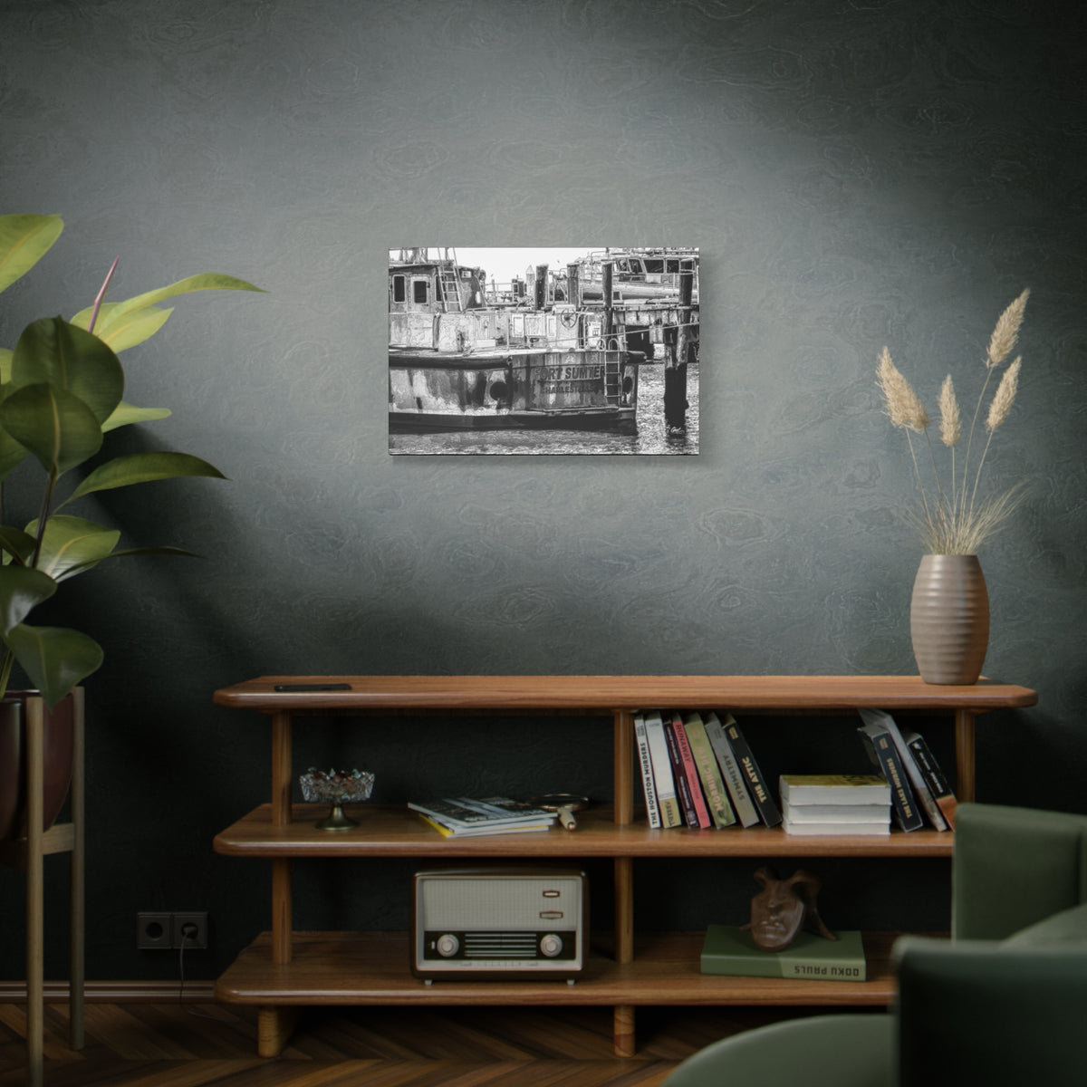 Fort Sumter Original medium canvas above a wooden bookshelf, weathered harbor boat sketched over in pen