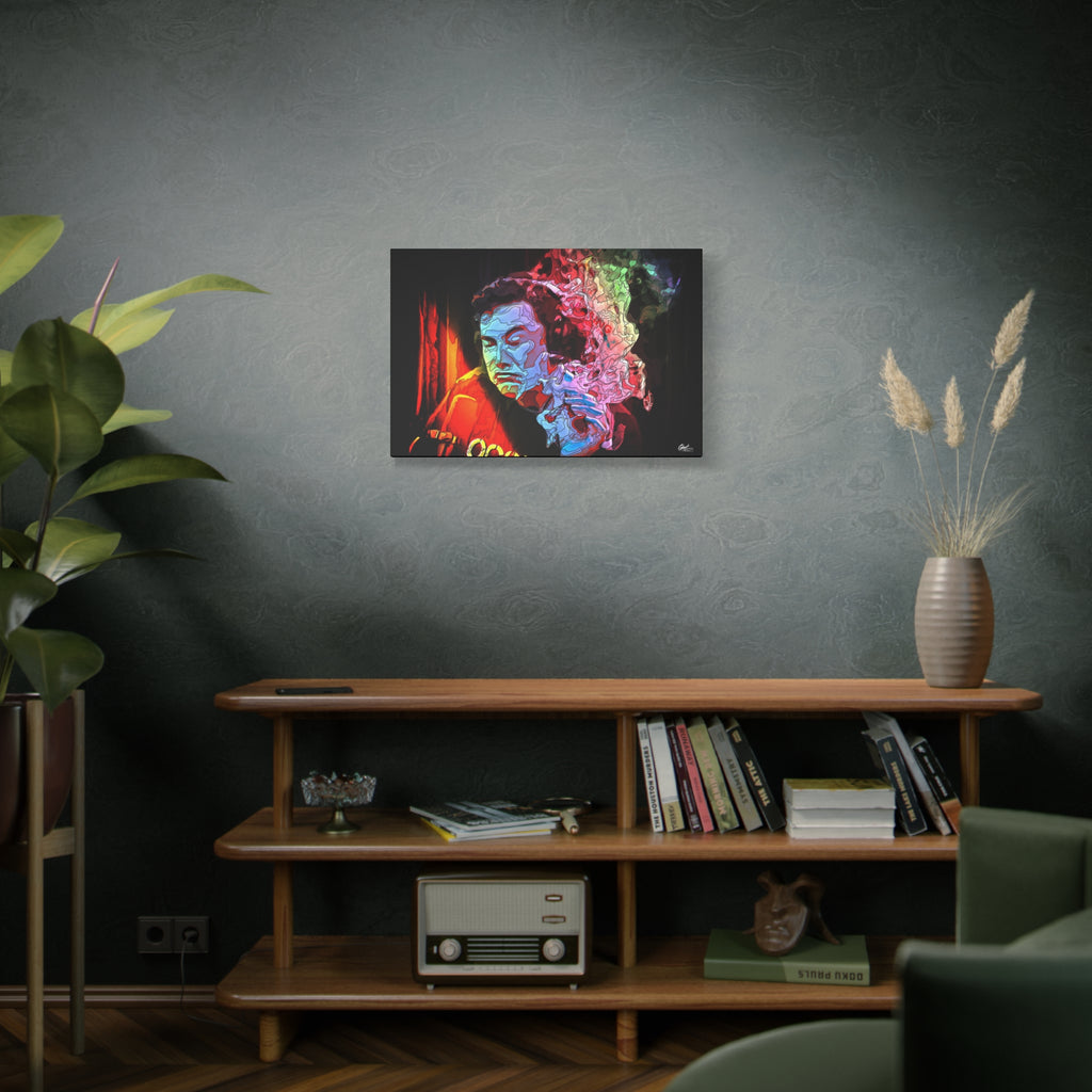 Launch Window medium canvas on a green-gray wall over bookshelves, ice-blue portrait with an eruption of psychedelic smoke