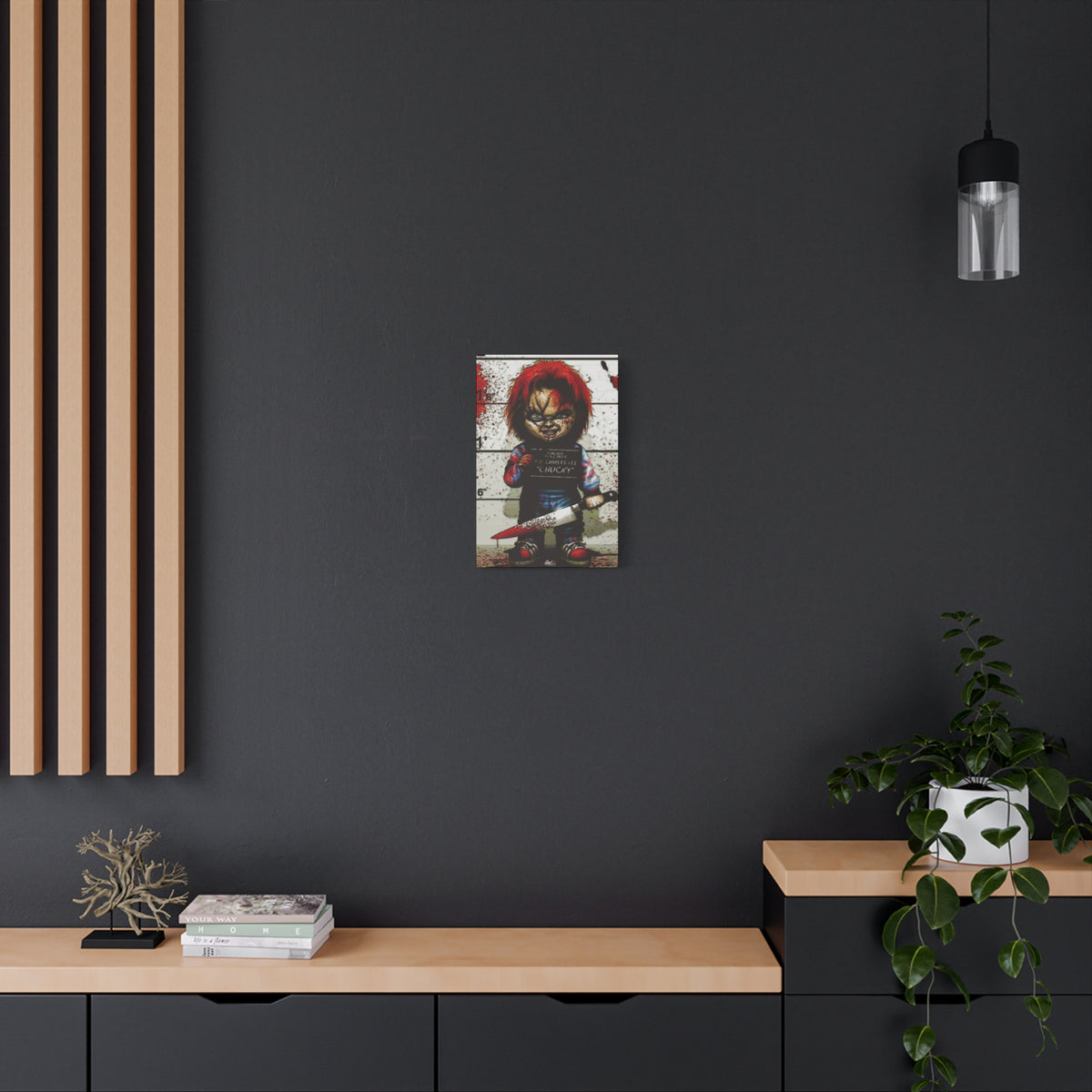Best Friends Forever small canvas on a charcoal wall by wood slats, red-haired doll with a booking placard and bloodied knife