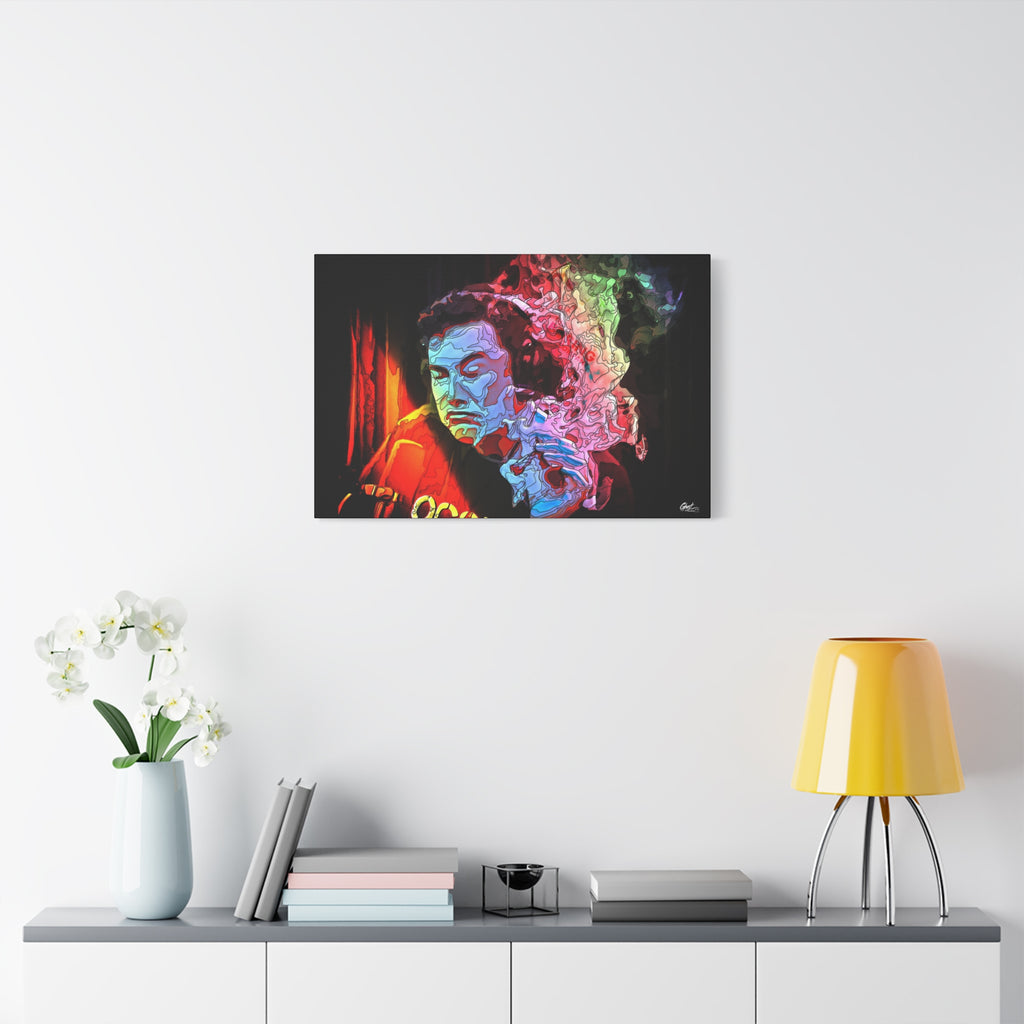 Launch Window oversized canvas on a white wall above a console, neon smoke cloud swirling from a dark portrait