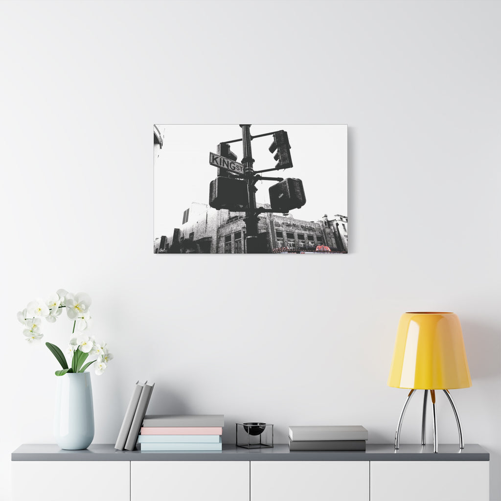 King St large canvas on a white wall above a console, King Street sign and traffic lights in vintage black and white