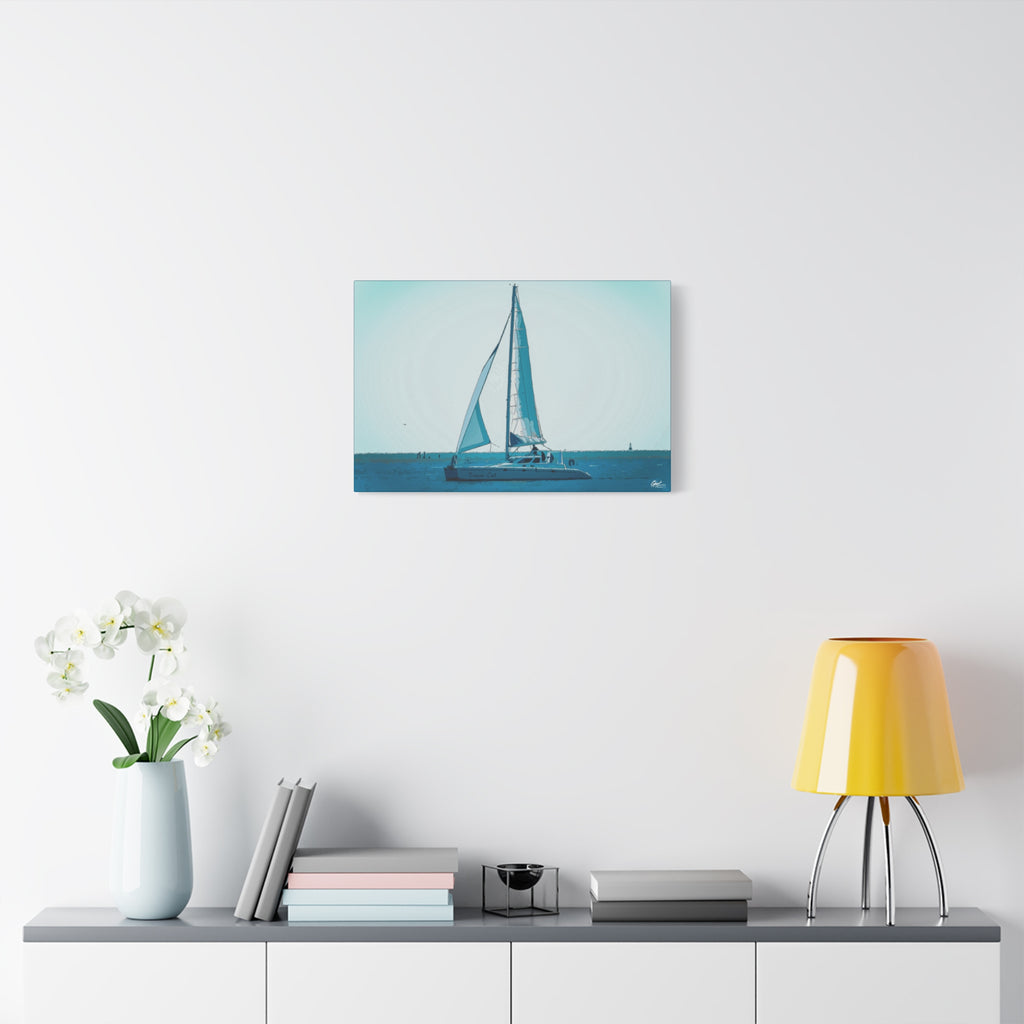 Freedom Sailing medium canvas over a console with white flowers, lone sailboat on soft aqua and teal water