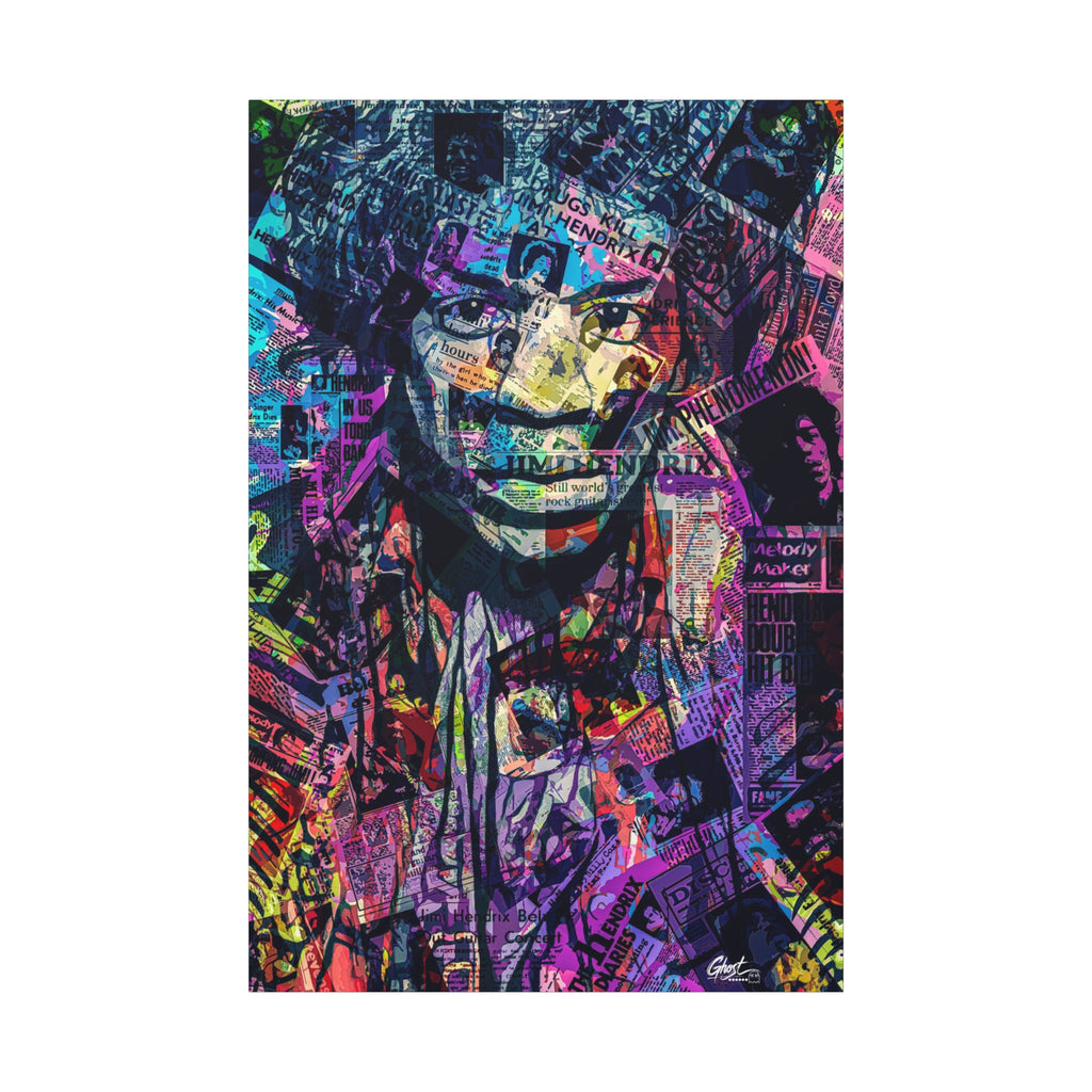 Purple Voodoo canvas print, front view: haloed face in a blue, purple and pink newspaper collage