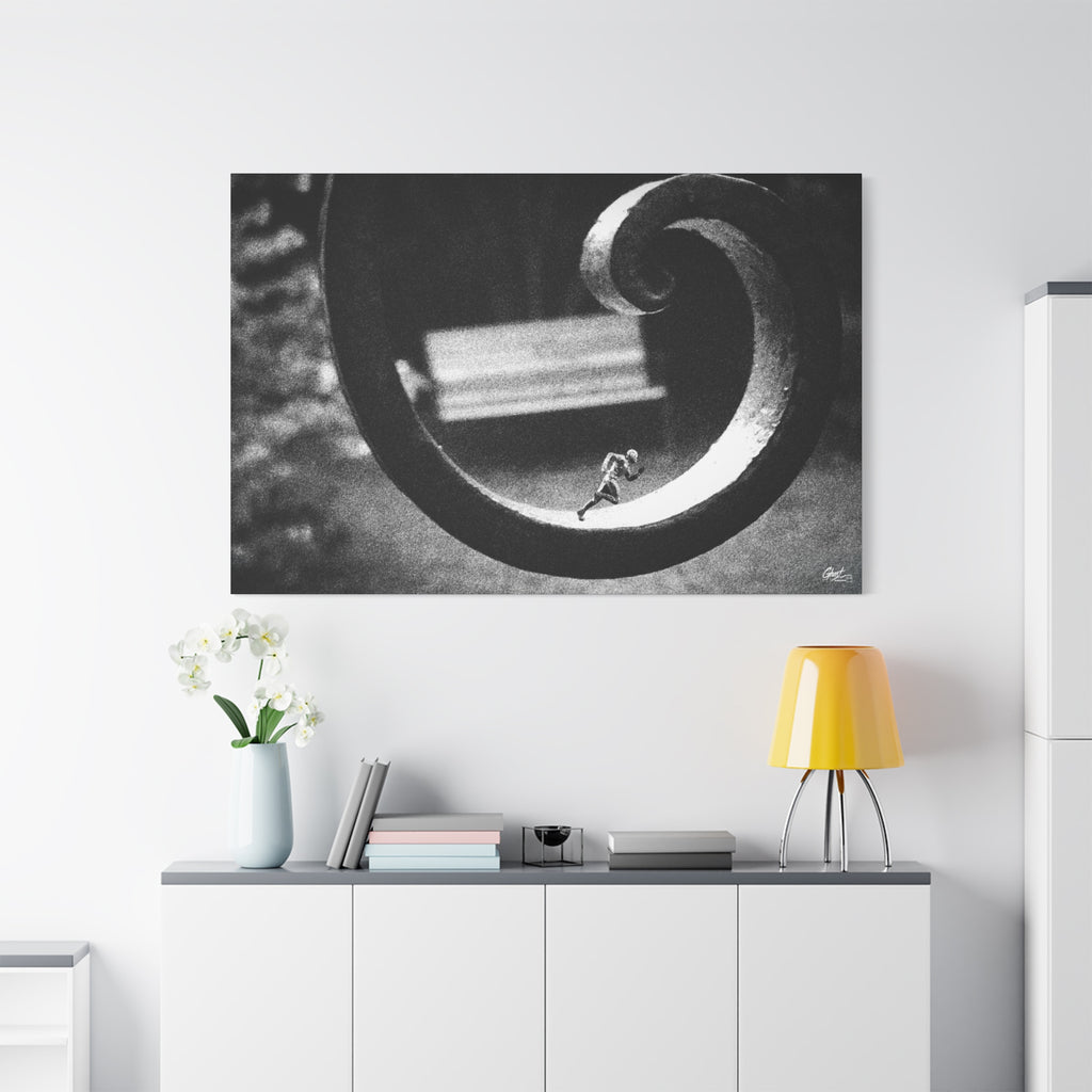 A Man in Charleston large canvas above a white sideboard and yellow lamp, tiny running figure inside a curled wrought-iron scroll in grainy black and white