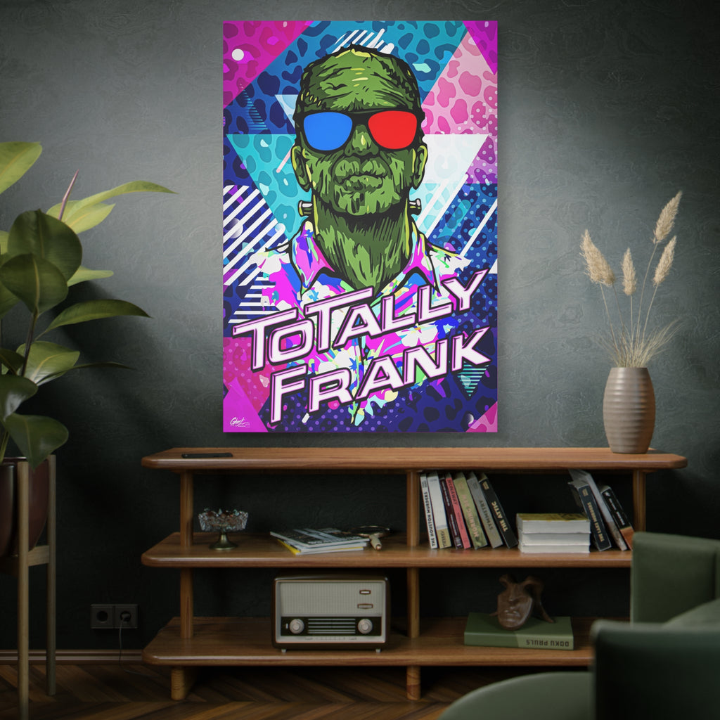 Monster Vibes oversized canvas above a wooden bookshelf, green monster in red-and-blue 3D glasses and a tropical shirt
