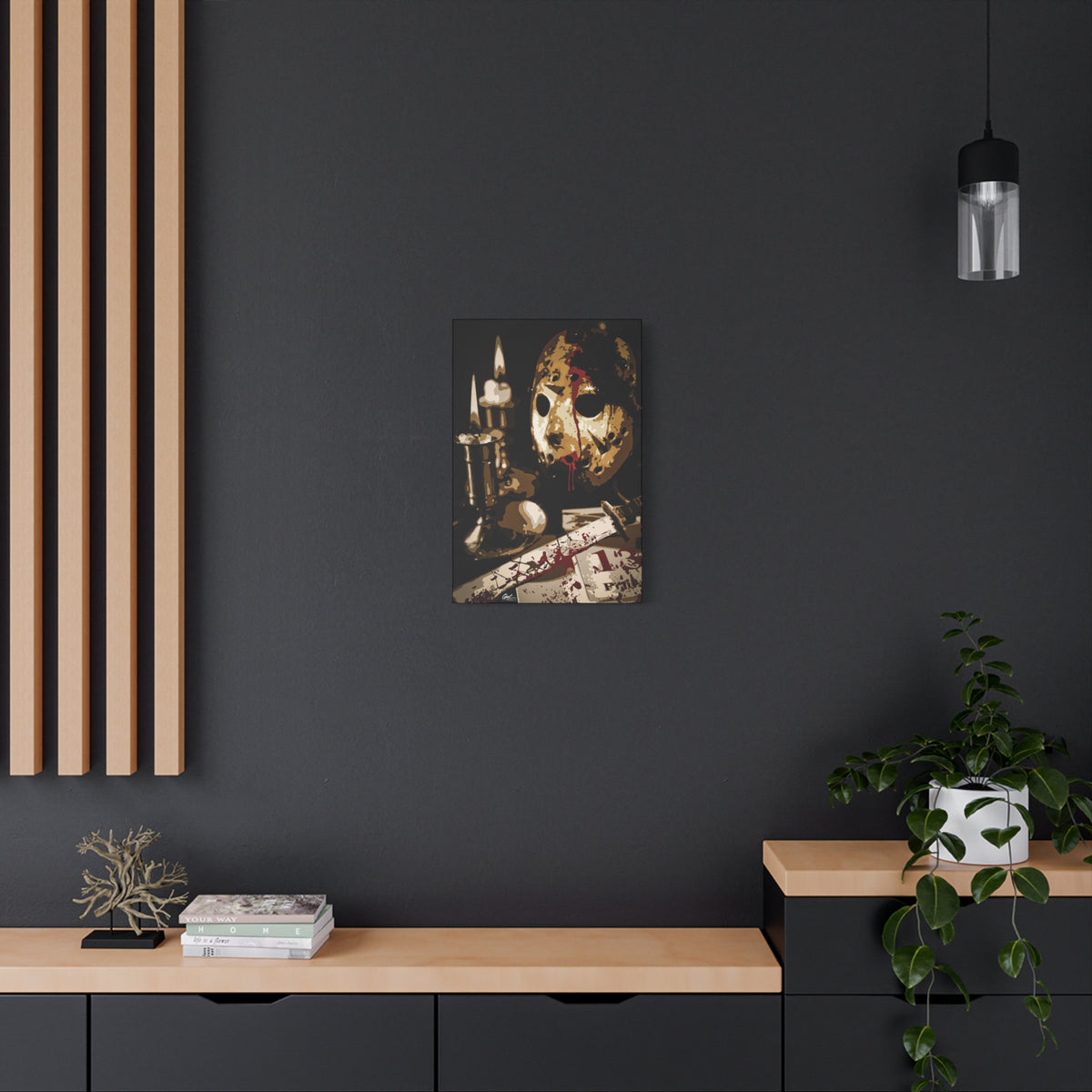 Off the Clock medium canvas on a charcoal wall over an oak shelf, sepia horror still life by candlelight
