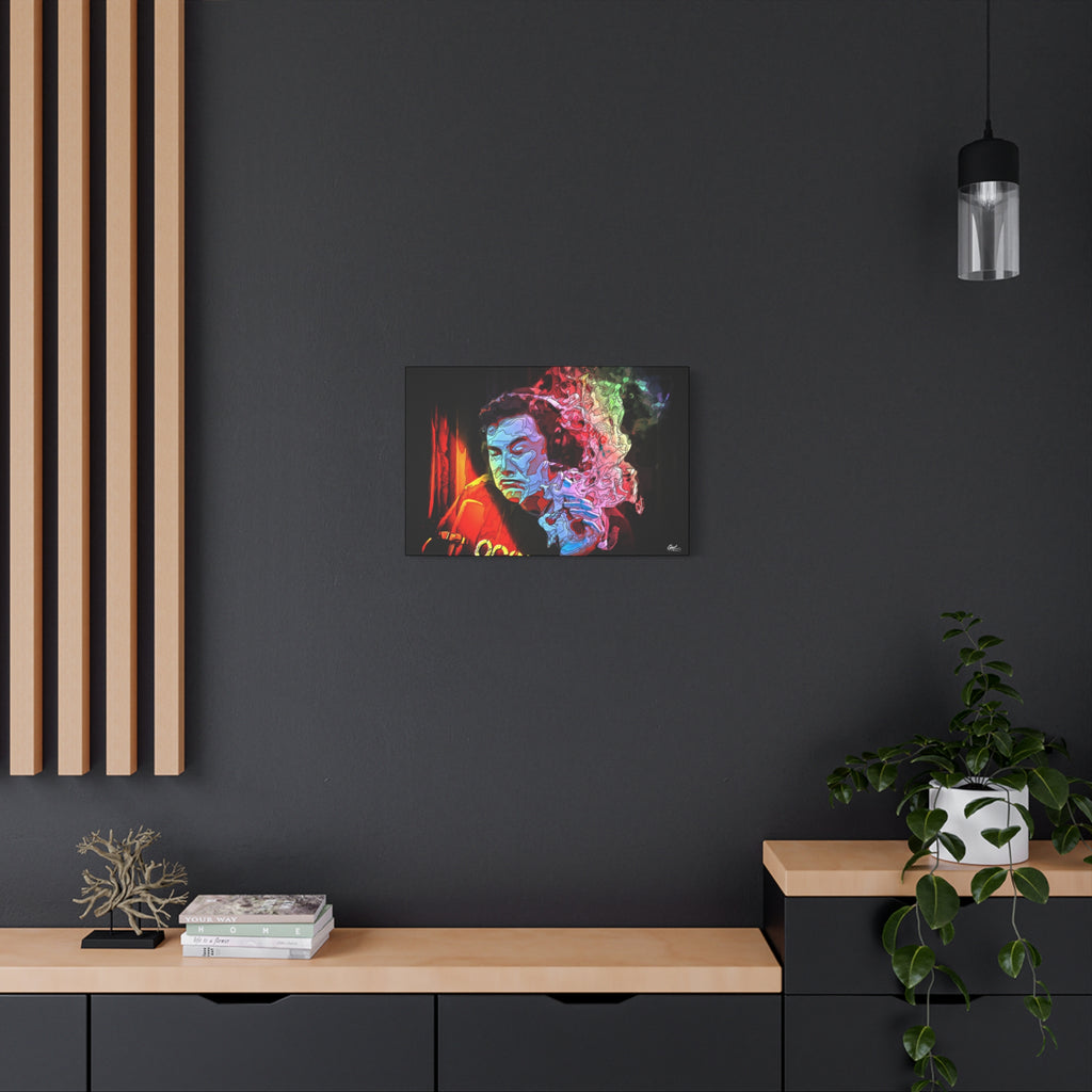 Launch Window small canvas on a charcoal wall over an oak shelf, neon smoke cloud swirling from a dark portrait