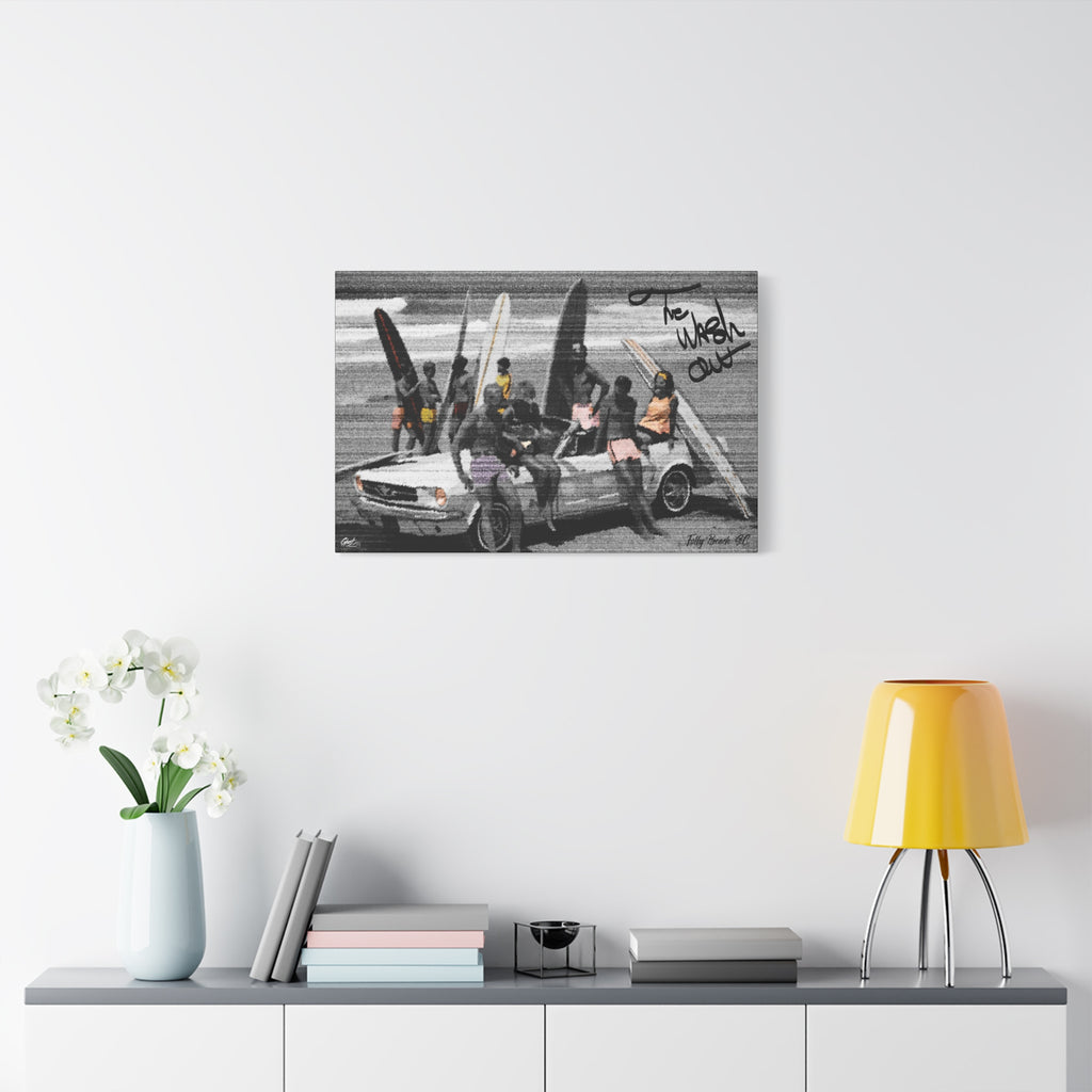 The Wash Out oversized canvas on a white wall above a console, grainy beach-day photo with a surfboard-loaded convertible