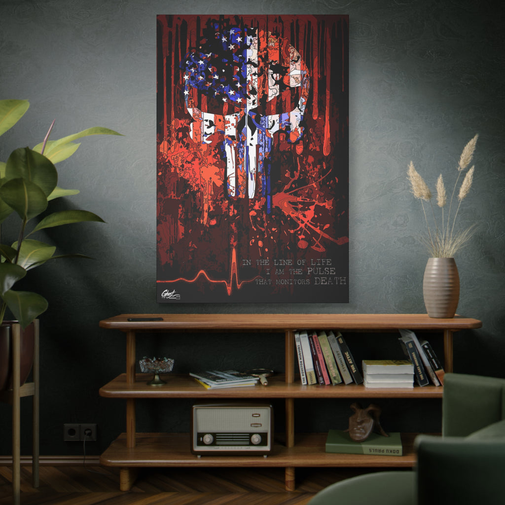 The Vigilante oversized canvas above a wooden bookshelf, skull emblem built from a distressed American flag