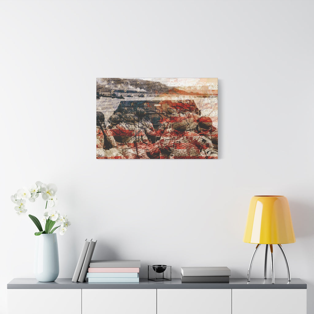 D-Day 75th Anniversary canvas on a white wall above a console, June 6, 1944 tribute in warm, faded red, white and blue