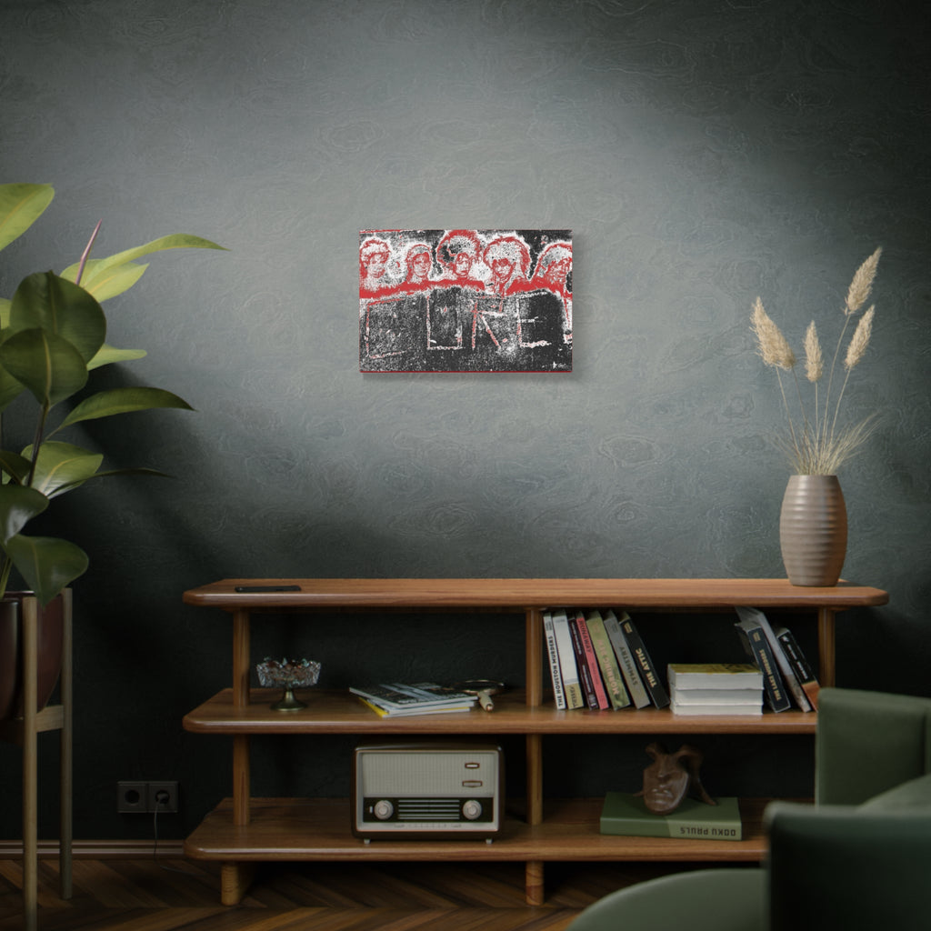 Lowcountry Medicine medium canvas above a wooden bookshelf, distressed red, black and white grunge lettering on concrete