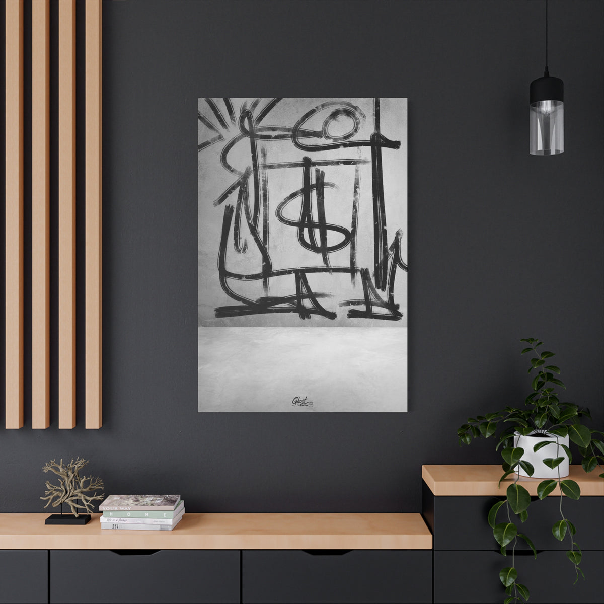 Best Day Ever large canvas on a charcoal wall by wood slats, bold charcoal strokes tracing playful abstract shapes