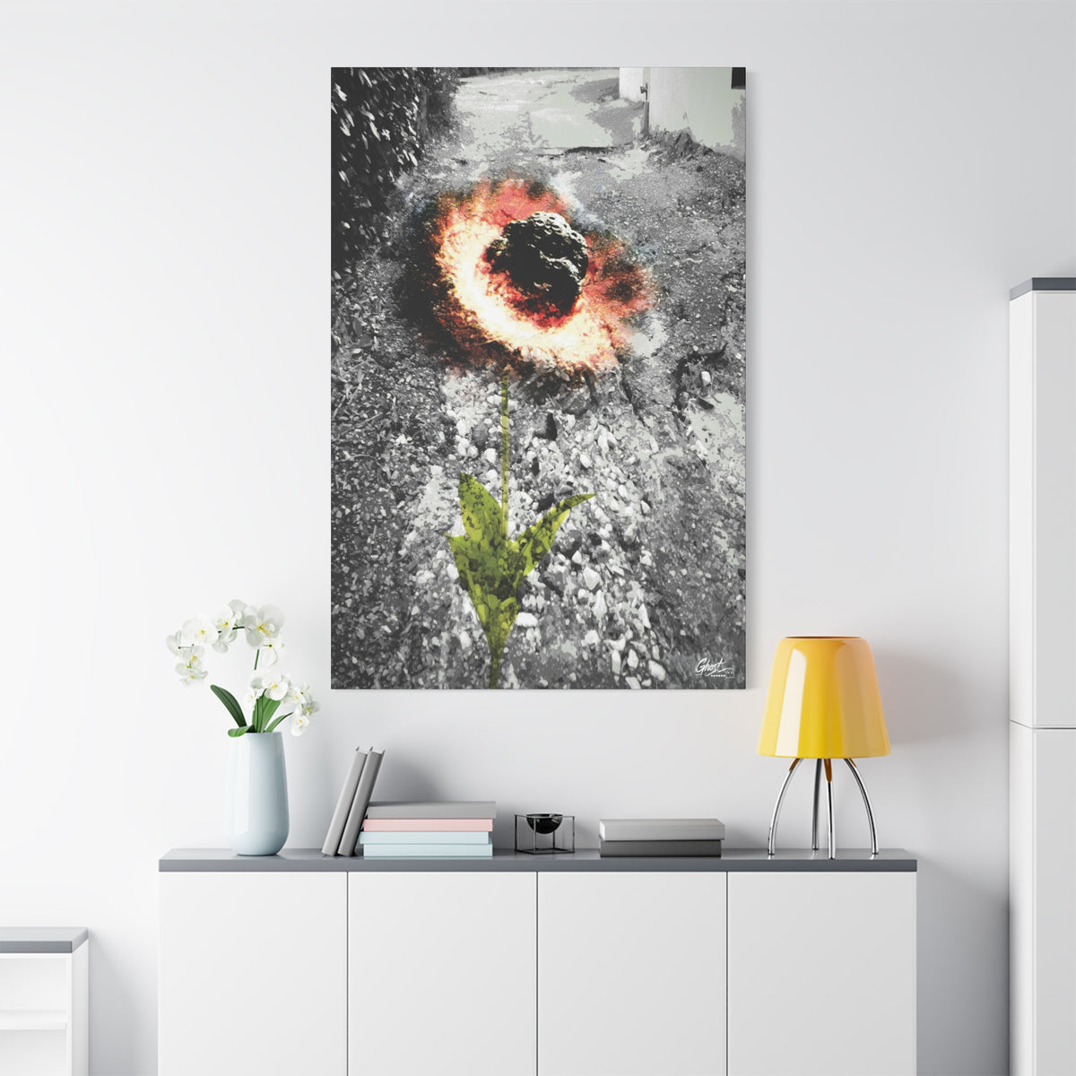 Meteor Flower oversized canvas on a white wall over a sideboard, meteor-like bloom of fiery color in broken asphalt