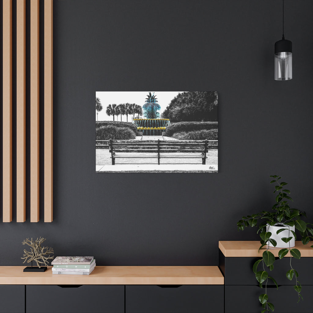 The Pineapple of Peace large canvas on a charcoal wall by wood slats, Southern hospitality pineapple in soft grays and greens