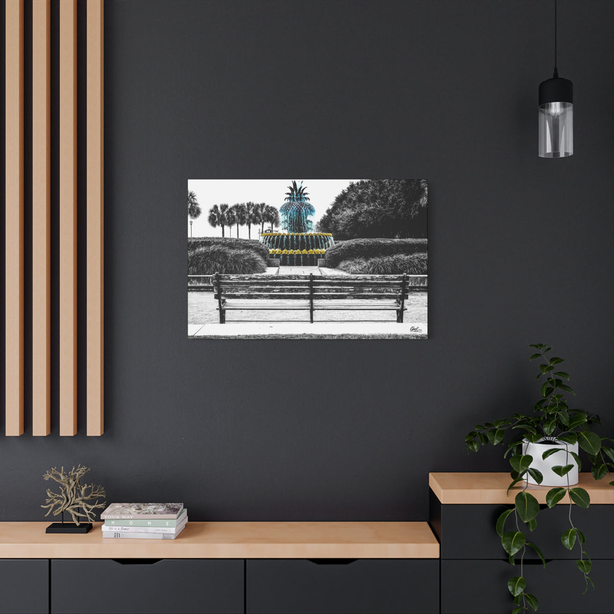 The Pineapple of Peace large canvas on a charcoal wall by wood slats, Southern hospitality pineapple in soft grays and greens