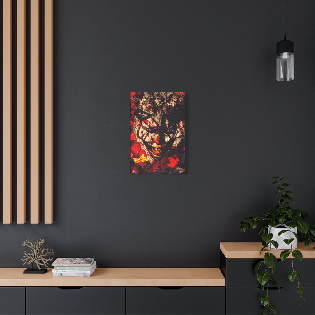 Down in a Drain small canvas on a charcoal wall by wood slats, grunge clown portrait with red splatter