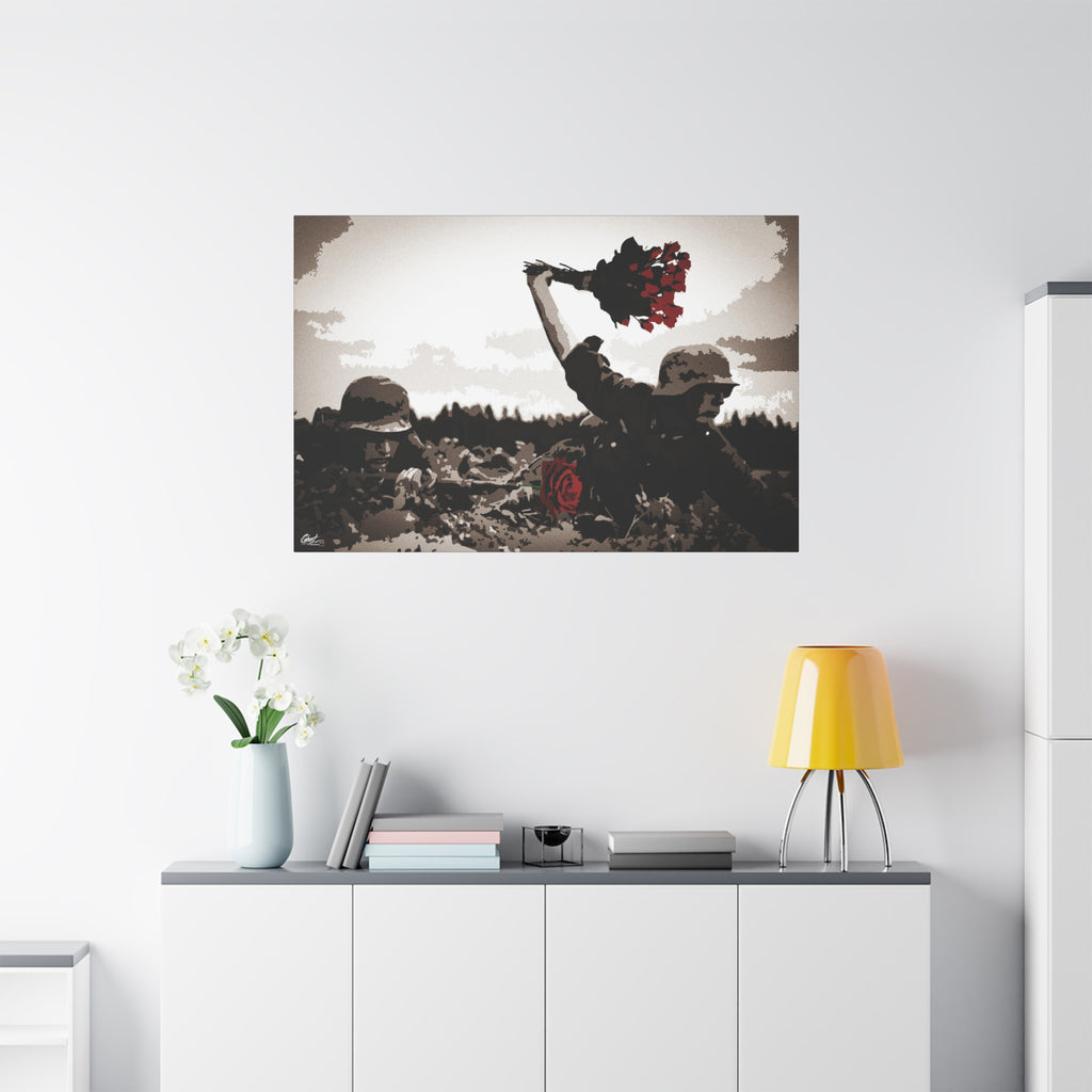 War Peace large canvas on a white wall over a sideboard, wartime scene with a bouquet of deep red roses