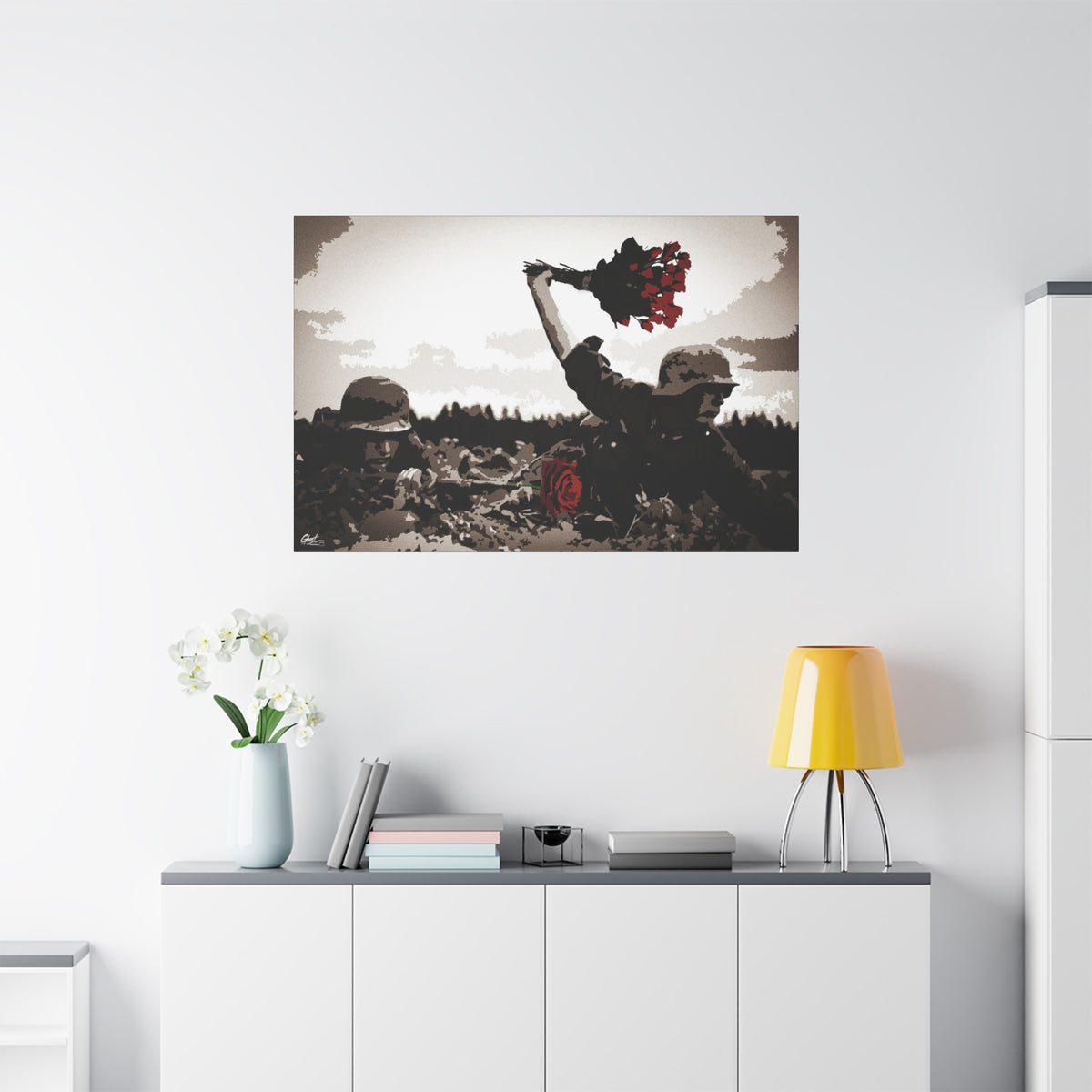 War Peace large canvas on a white wall over a sideboard, wartime scene with a bouquet of deep red roses