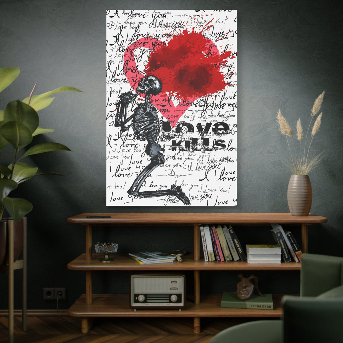 Love Kills oversized canvas on a green-gray wall over bookshelves, black linework skeleton with red splatter heart