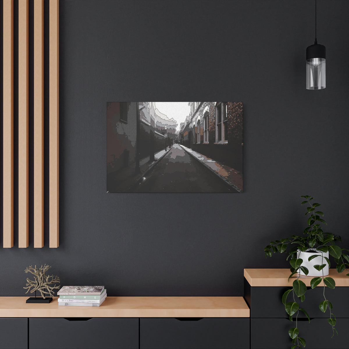 Charleston One Way medium canvas on a charcoal wall by wood slats, moody alley with old brick walls and long shadows