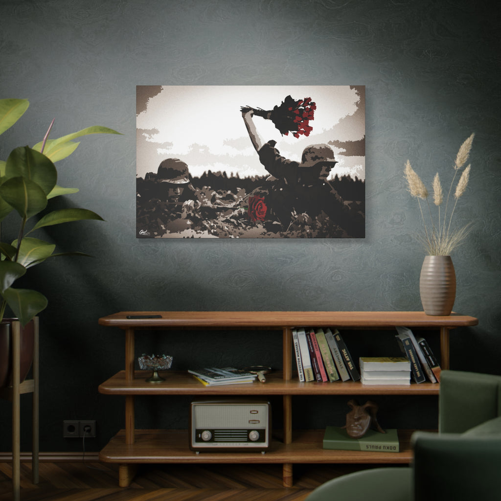 War Peace large canvas above a wooden bookshelf, soldier raising red roses above the trenches
