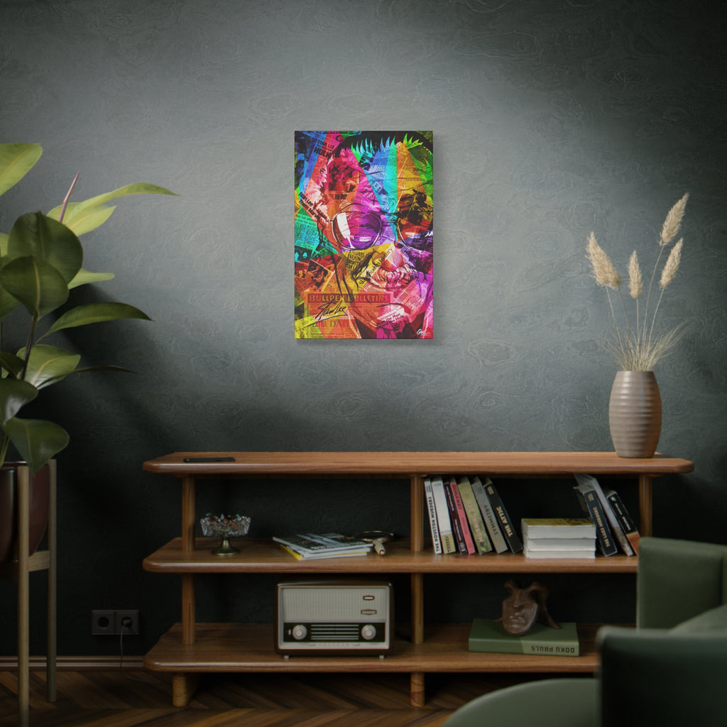 The Man the Myth the Legend medium canvas on a green-gray wall over bookshelves, neon-banded collage portrait