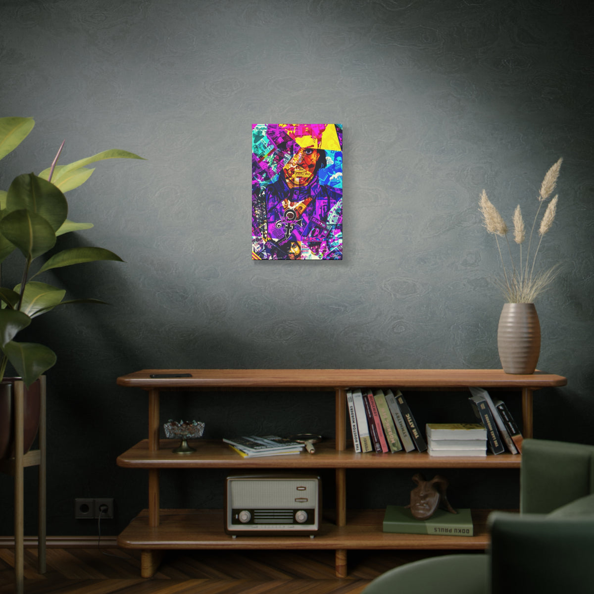 The Symbol small canvas above a wooden bookshelf, vibrant collage portrait in magenta and gold
