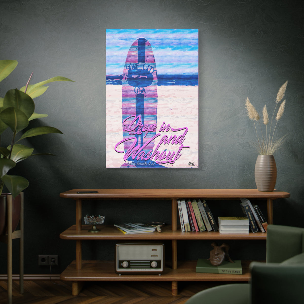 Drop In and Wash Out, Folly Beach large canvas above a wooden bookshelf, sun-bleached surfboard art in soft pinks and blues