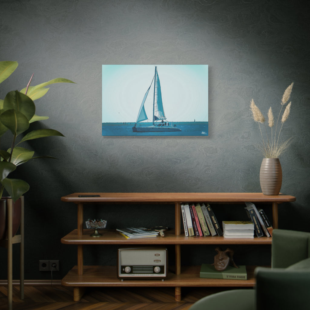 Freedom Sailing canvas above a wooden bookshelf, lone sailboat on soft aqua and teal water