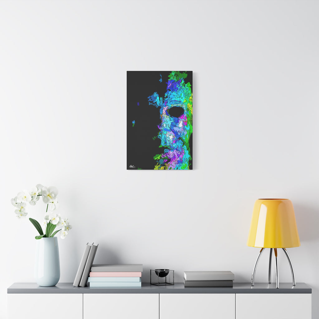 Stalk at Night, Prism Edition canvas over a console with white flowers, fractured triangle mask in electric color on black