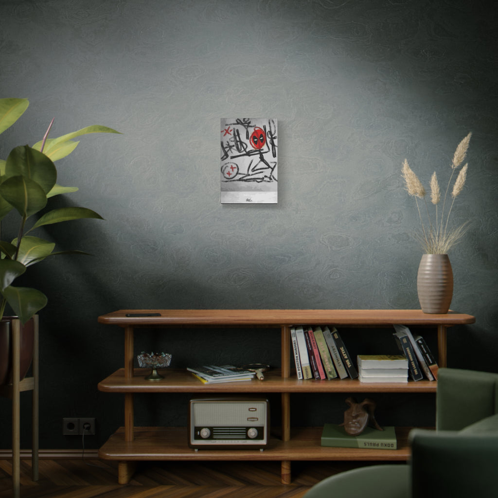 X'd Out small canvas on a green-gray wall over bookshelves, gritty black-and-white strokes with red accents