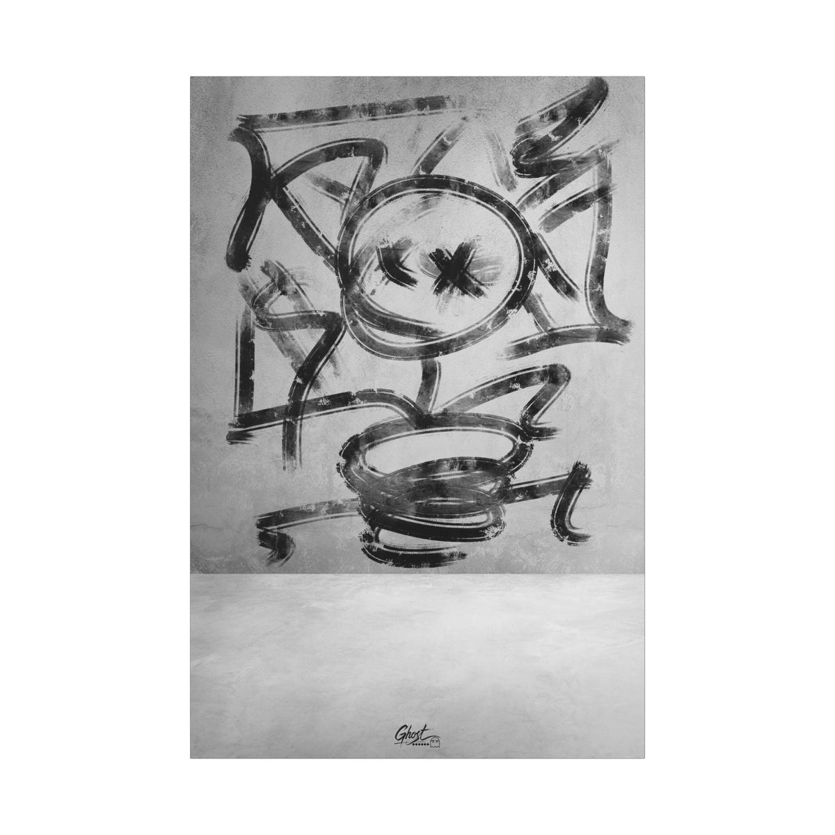 Going Crazy canvas print, front view: loose black marks circling a central form above a small cup shape
