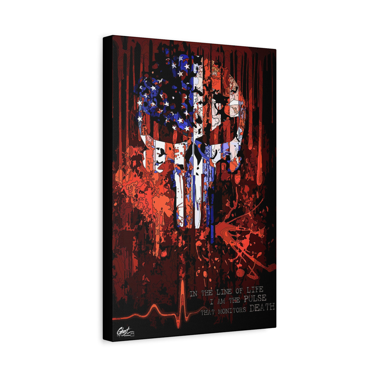 The Vigilante canvas, angled view of the gallery-wrapped edge: skull emblem built from a distressed American flag