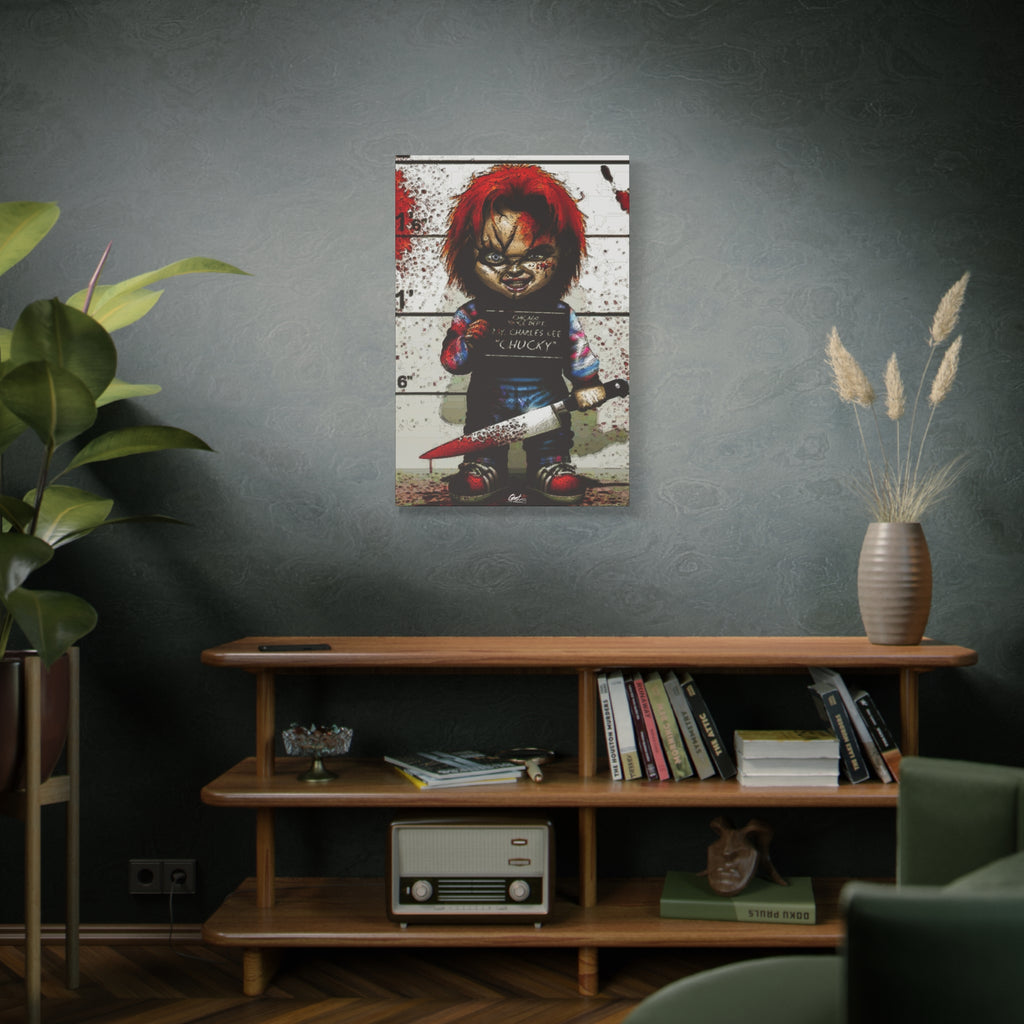 Best Friends Forever canvas above a wooden bookshelf, red-haired doll with a booking placard and bloodied knife