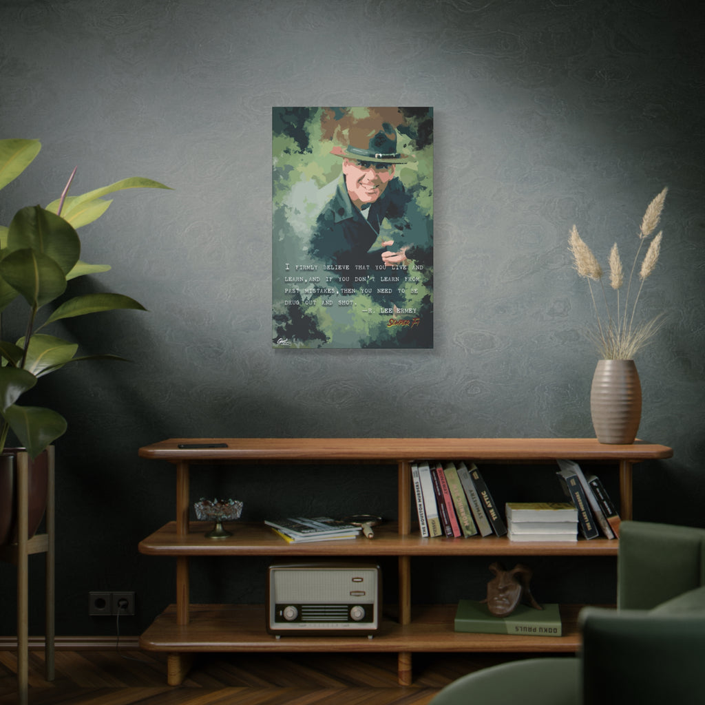 Live and Learn canvas above a wooden bookshelf, grinning drill instructor in olive and forest green