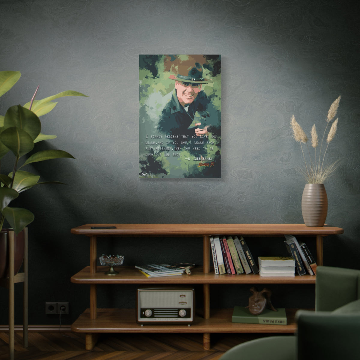Live and Learn canvas above a wooden bookshelf, grinning drill instructor in olive and forest green