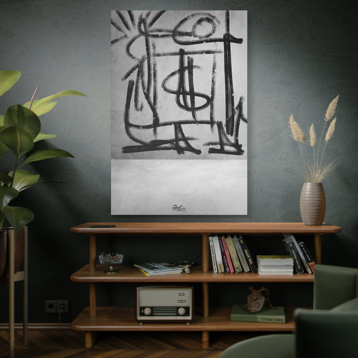 Best Day Ever oversized canvas on a green-gray wall over bookshelves, expressive black-and-white abstract line art